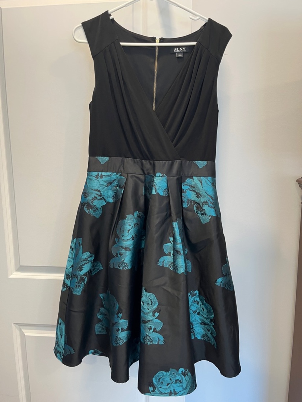 SLNY Black Dress with Teal Floral Jacquard Skirt